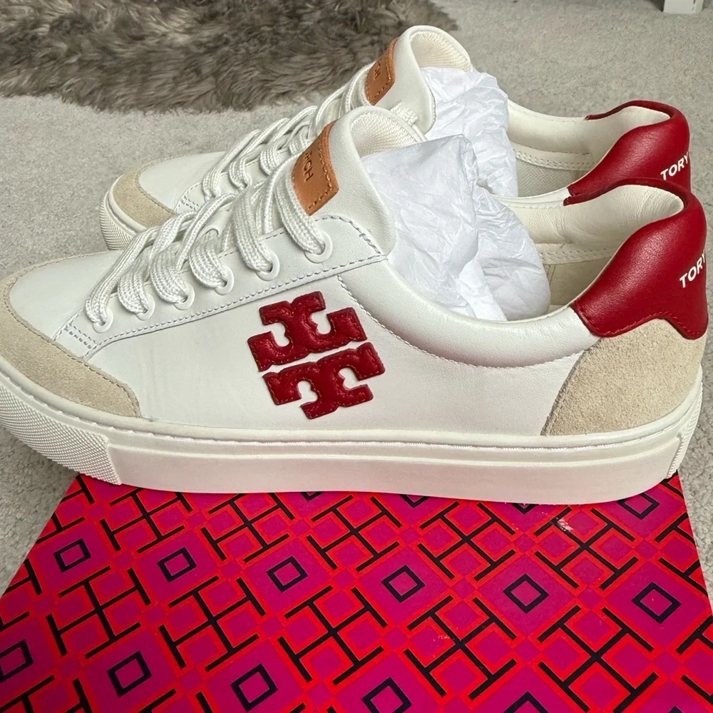 Tory Burch White and Red Logo Sneakers - Picture 3 of 5